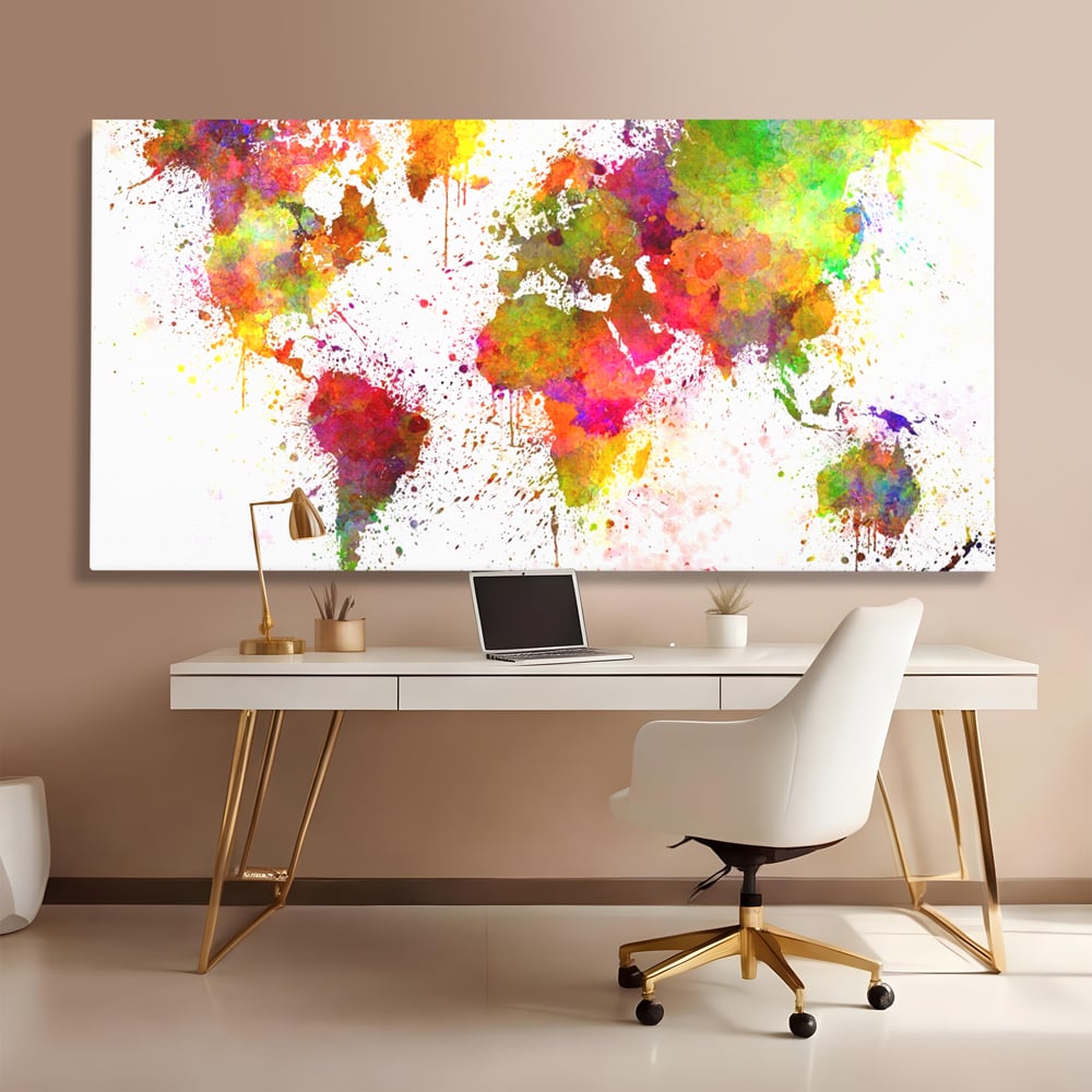 Tablou canvas cu tablou canvas cu harta lumii pictata, fara rama, pe sasiu de lemn, pe perete intr-un birou